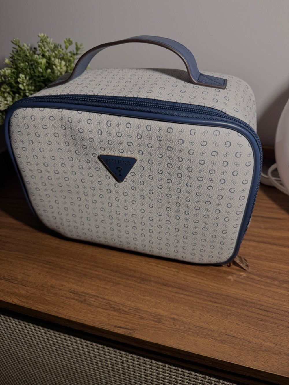 Guess Cream Monogram Cosmetic Case with Blue Trim